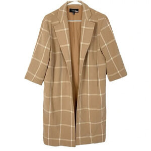Toccin Nude Plaid Jacket Women XS Midi Length 3/4 Long Sleeves Tan Ivory Pockets